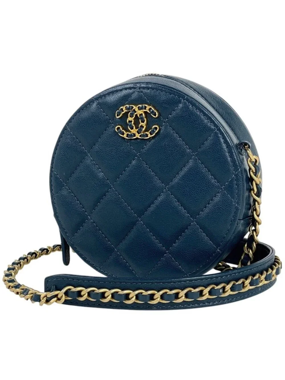 Chanel CC Logo Chain Shoulder Bag Quilted Round Leather Blue
